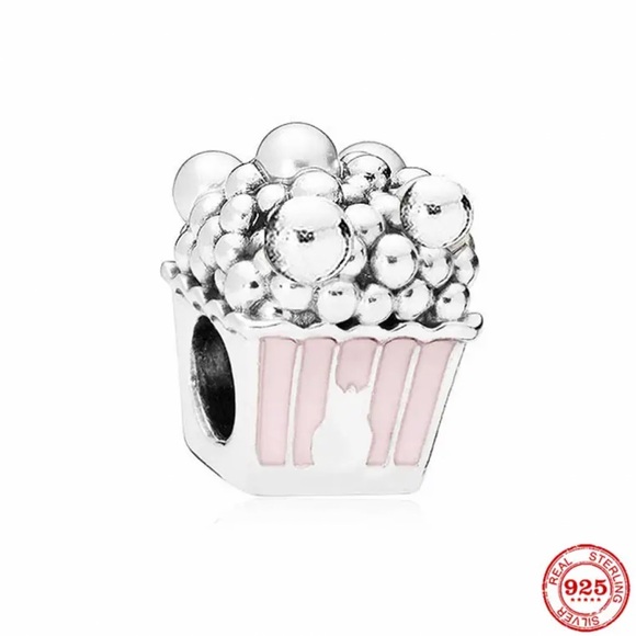 NWOT Delicious Popcorn Charm, Pale Pink Enamel & White Crystal Pearls Silver 925 - Picture 1 of 9